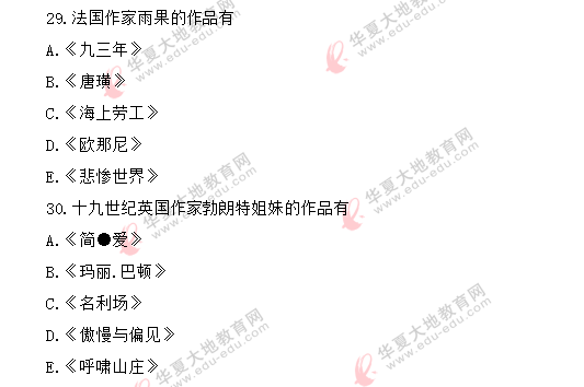 2020年自考8月《外国文学史》考试真题：多选题（回忆版）