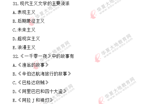 2020年自考8月《外国文学史》考试真题：多选题（回忆版）